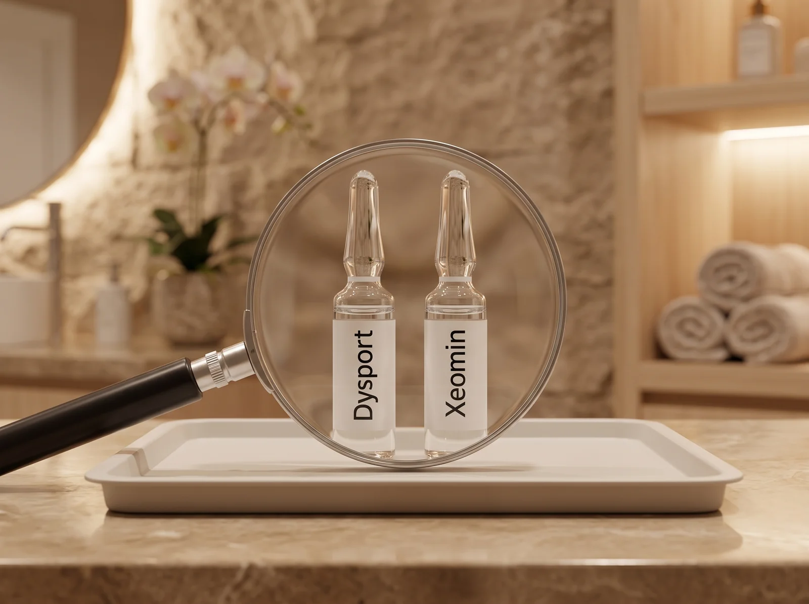 Dysport and Xeomin ampoules on a clinical tray, viewed through a magnifying glass