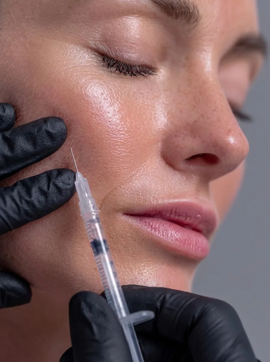 Close-up of a person's cheek with a syringe held nearby by a gloved hand